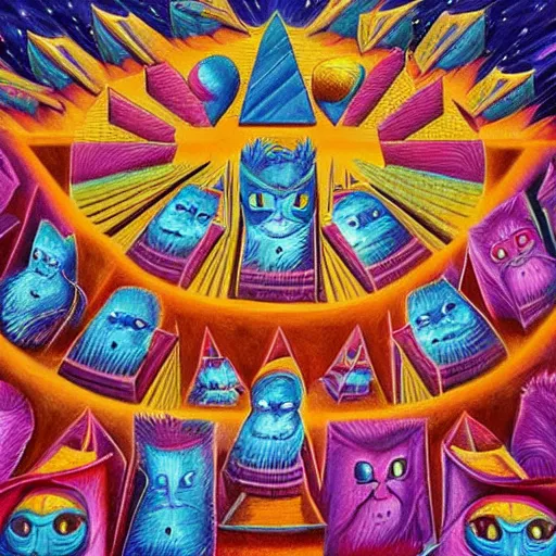 Image similar to cat aliens building the pyramids of giza painting alex grey style