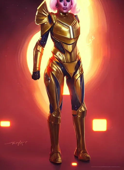 Image similar to lady gaga as nova corps officer, intricate, elegant, glowing lights, highly detailed, digital painting, artstation, glamor pose, concept art, smooth, sharp focus, illustration, art by artgerm and greg rutkowski, artey freytag