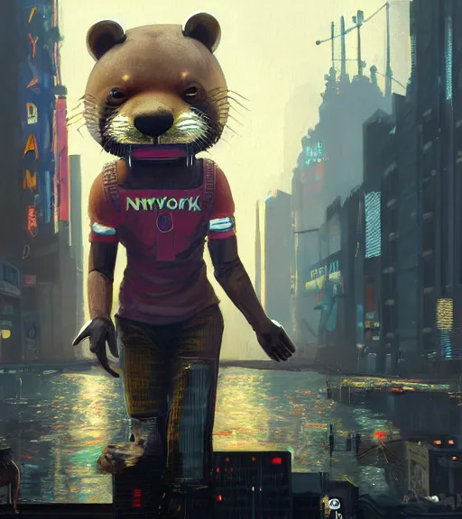 Image similar to new york city portrait of furry anthro anthropomorphic river otter head animal person fursona wearing clothes strange cybernetic muzzle gloomy rainy screenshot from the video game cyberpunk 2077 digital art by Greg Rutkowski, Simon Stalenhag, christopher nolan trending on Artstation, CGSociety