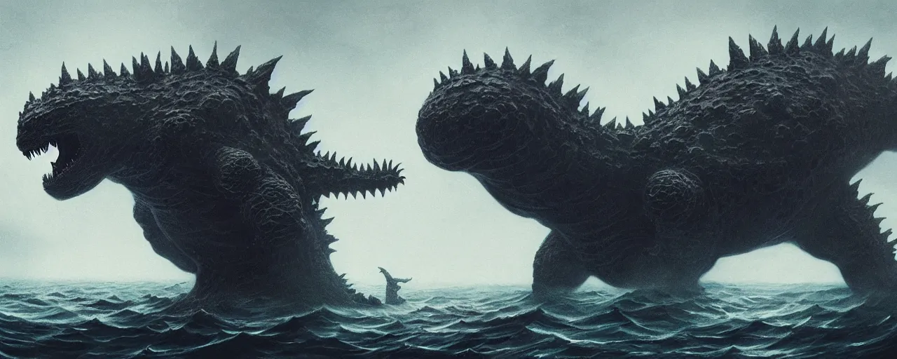 Image similar to duotone noir concept illustration of original 1 9 5 4 japanese godzilla emerging from ocean, octane render, concept hideo kojima surreal atmosphere, volumentric lighting. cosmic horror. accidental renaissance. by sachin teng and sergey kolesov and ruan jia and heng z. graffiti art, scifi, fantasy, hyper detailed. trending on artstation