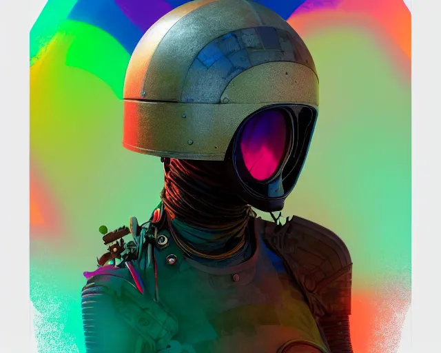 Prompt: full portrait of a post modern hybrid fashion model with an exuberant war biochemical helmet, colorful, octane render, vray, detailed, halftoned, editorial illustration, matte print, grainy light, ( ( dither ) ), risograph, high contrast, screen print, grainy texture