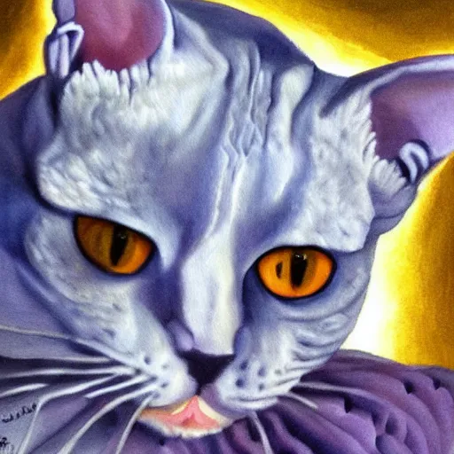 Prompt: painting of a devon rex, cornish rex cat glowing in the moonlight looking curious