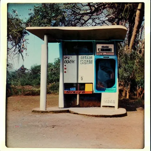 Prompt: old polaroid of futuristic african bus stops