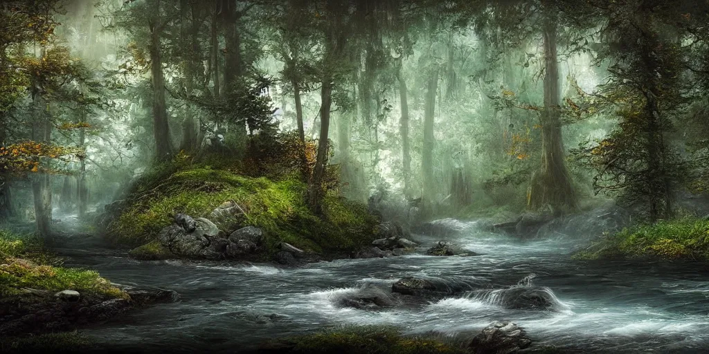 Prompt: beautiful matte painting of river in forest, fantasy, small cabin