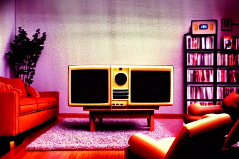 Prompt: a living room in 1984!! A square CRT TV is on!!! with Netflix on the screen!!!!! Digital photograph, Low key lighting, very detailed