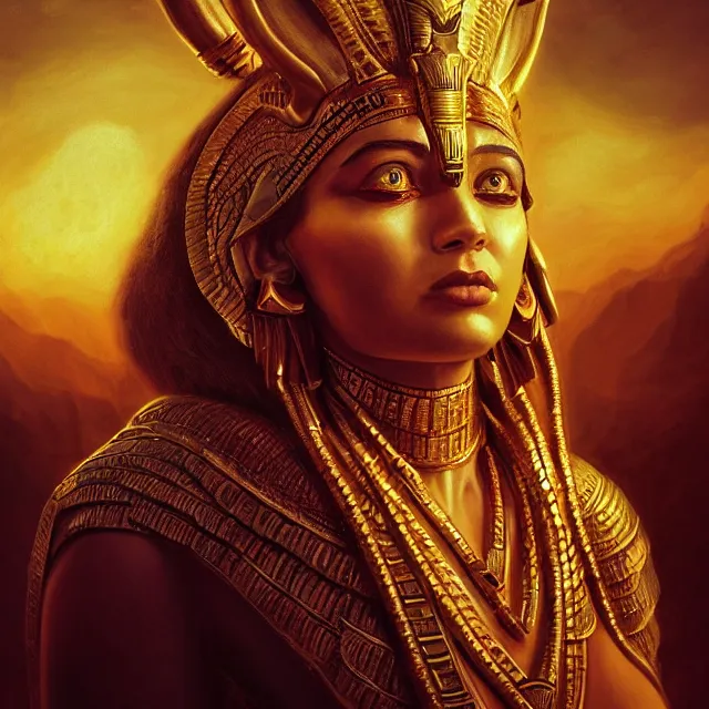 Image similar to majestic gracious egyptian god ra portrait, atmospheric lighting, painted, menacing, intricate, volumetric lighting, beautiful, rich deep colours masterpiece, golden hour, sharp focus, ultra detailed, by leesha hannigan, ross tran, thierry doizon, kai carpenter, ignacio fernandez rios