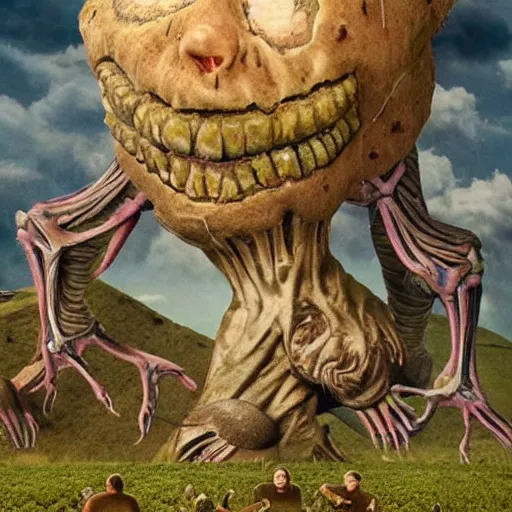 Image similar to a giant with a faceless head full of growths that are people sticking out in all directions as the giant stomps over the countryside grotesque body horror hyperreal cinematic gross uncanny anatomy
