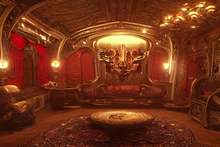 Prompt: red baroque steampunk spaceship interior, viewport, commander's deck made of bone, rendered in unreal engine 5, cryengine, arnold and zbrush, epic lighting. persian rug, pipes, luxury furniture