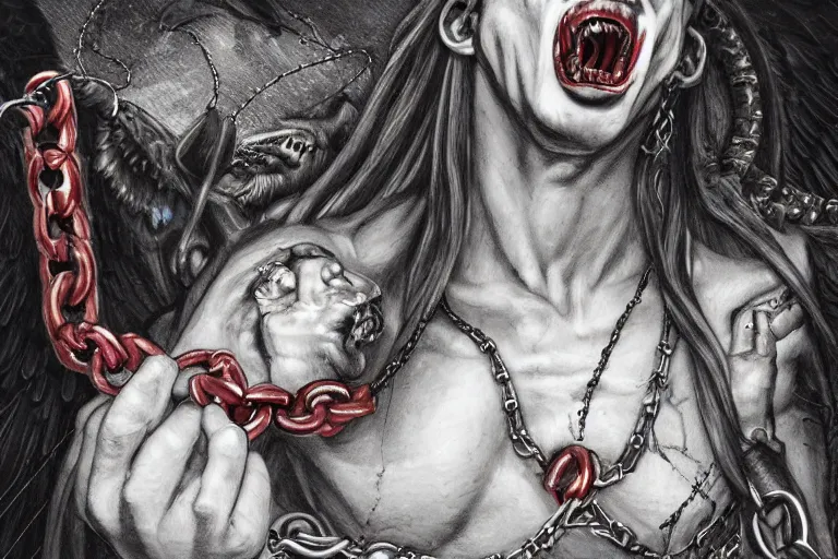 Image similar to lucifer, dark angel, hybrid human with snake, red eyes, chain, handcuffs, large chain, wide open mouth, scream, cruelty, sea bottom, light effect, hyper detailed