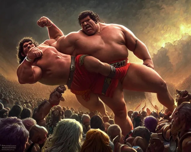 Image similar to hulk hogan body slamming andre the giant wrestlemania 2, deep focus, d & d, fantasy, intricate, elegant, highly detailed, digital painting, artstation, concept art, matte, sharp focus, illustration, hearthstone, art by artgerm and greg rutkowski and alphonse mucha