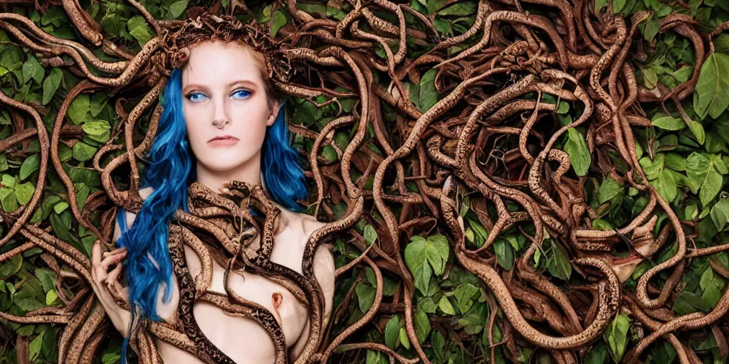 Image similar to queen of snakes, rotting crown of vines, red eyes + blue skin