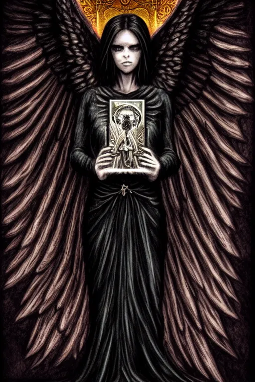 Image similar to dark angel holding a book of necronomicon, tarot card, symmetrical, cinematic, sharp focus, 4 k, ultra hd, sense of awe, sinister demonic atmosphere, dreadful, forbidden knowledge, old gods. demonology