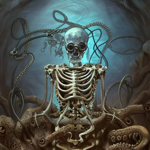 Prompt: underwater photography of a steampunk human skeleton in symbiosis with octopus technology, bioluminescence, bloom, by victor grasso and scott musgrove, digital illustration