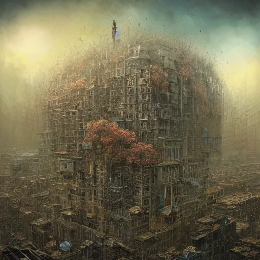 Image similar to Very very very very highly detailed epic photo, post apocalyptic city buildings, by Vladimir Manyukhin, by Simon Stålenhag, by Zdzisław Beksiński, by Guido Borelli, by Nathan Walsh, by Peter Gric, Wild vegetation, mold, deviantart, trending on artstation, Photorealistic, Incredible Depth, vivid colors, polychromatic, glowing neon, HDR Unreal Engine 64 megapixels IMAX Terragen 4.0, 8k resolution concept art filmic complex utopian mysterious moody futuristic