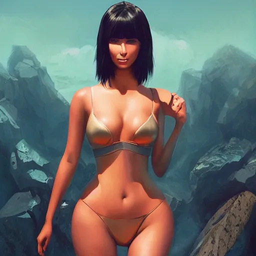 Prompt: kodak portra. by wlop, ilya kuvshinov, krenz cushart, greg rutkowski, trending on pixiv. zbrush sculpt, octane, maya, houdini, vfx. cute kim kardashian wearing futuristic solar punk bikini armor. digital painting. cinematic dramatic atmosphere, sharp focus, volumetric lighting.