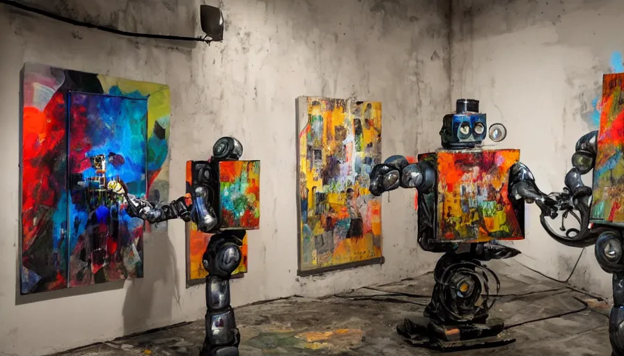 Image similar to robots! painting on canvases in a decrepit art gallery, dramatic lighting