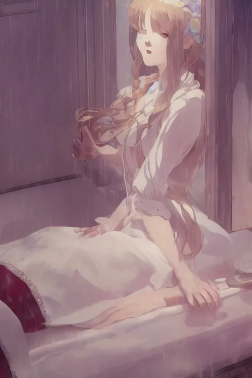 Prompt: a girl in a maid's outfit in the bedroom a night, raining outside the window, wavy white long hair, by krenz cushart and mucha and akihito yoshida and greg rutkowski and makoto shinkai and rei 0 7, detailed eyes, 4 k resolution