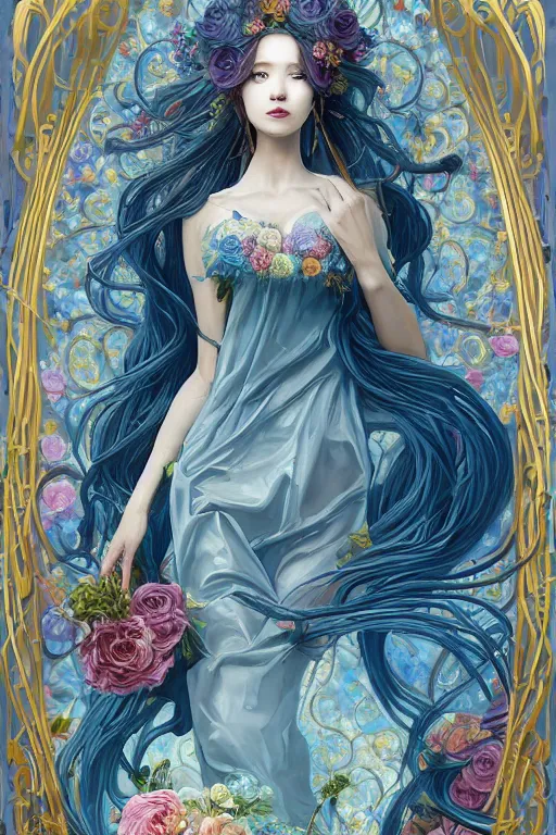 Image similar to breathtaking detailed painting by pilyeon and yuumei art, a full shot queen with long flowing bright blue hair, long dress and pastel flowers petals and golden tumultuous clouds, symmetrical facial features, at dawn in front of a pristine golden art nouveau cathedral, elegant, highly detailed, artstation, concept art, matte, sharp focus,