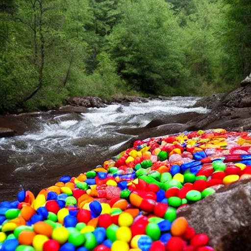 Prompt: inner tubing down a rapids filled with skittles, filled with skittles, in the mountains, woodsy.
