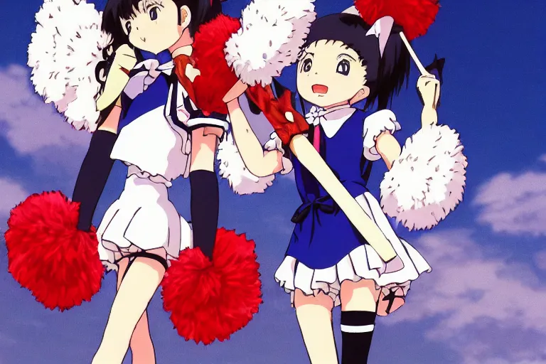 Prompt: details portrait of anime girl with demon horns holding cheerleader pompom, cheerleader outfit. anime masterpiece by studio ghibli. 8 k, sharp high quality classic anime from 1 9 9 0 in style of hayao miyazaki