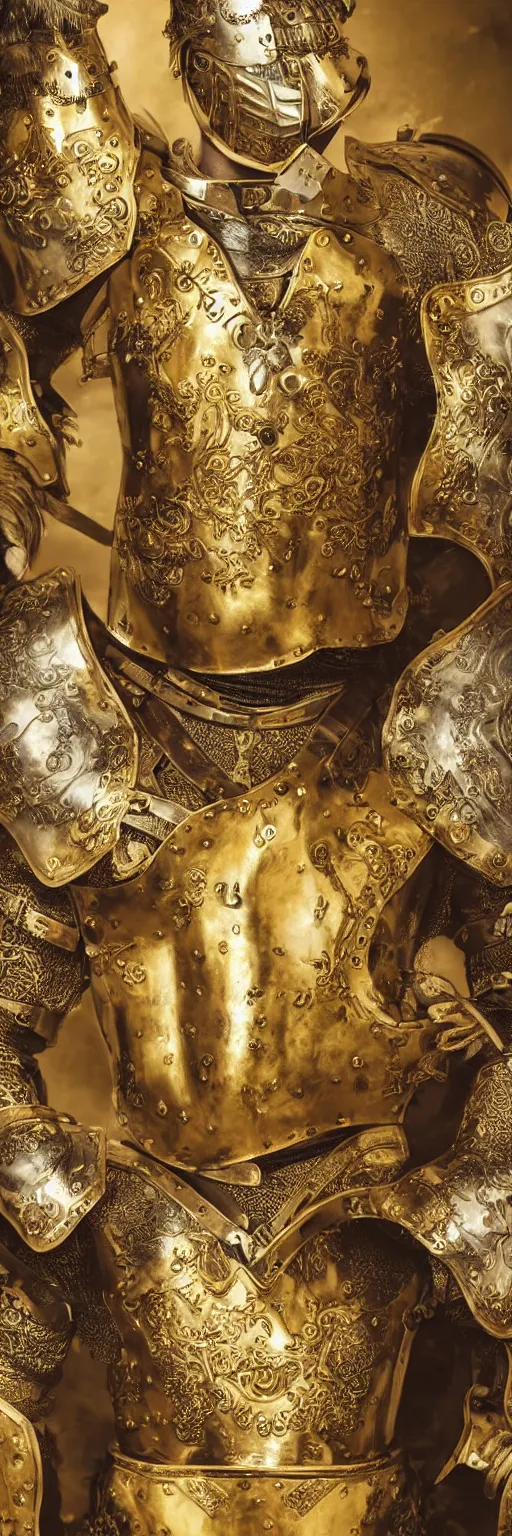 Prompt: man in royal decorated with gold medieval baroque style armor and helmet and big golden cross on his chest rennaisance art style high resolution high detail