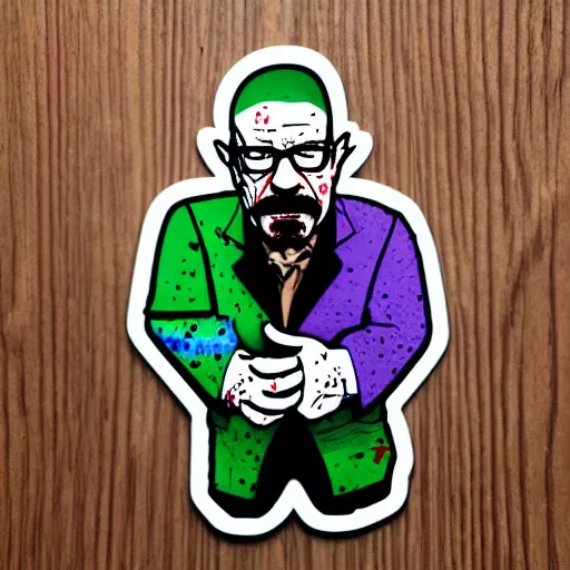 Image similar to die cut sticker, walter white wearing the joker outfit, splatter paint