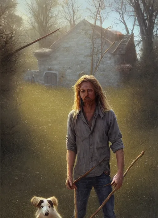 Image similar to highly detailed hyperrealistic painting of a blonde long - haired hillbilly standing in front of old rough house holding a stick, with his fluffy black and gray australian shepherd, bonfire, stephen bliss, art by greg rutkowski, loish, rhads, ferdinand knab, makoto shinkai and lois van baarle, tom bagshaw, global illumination, artstation