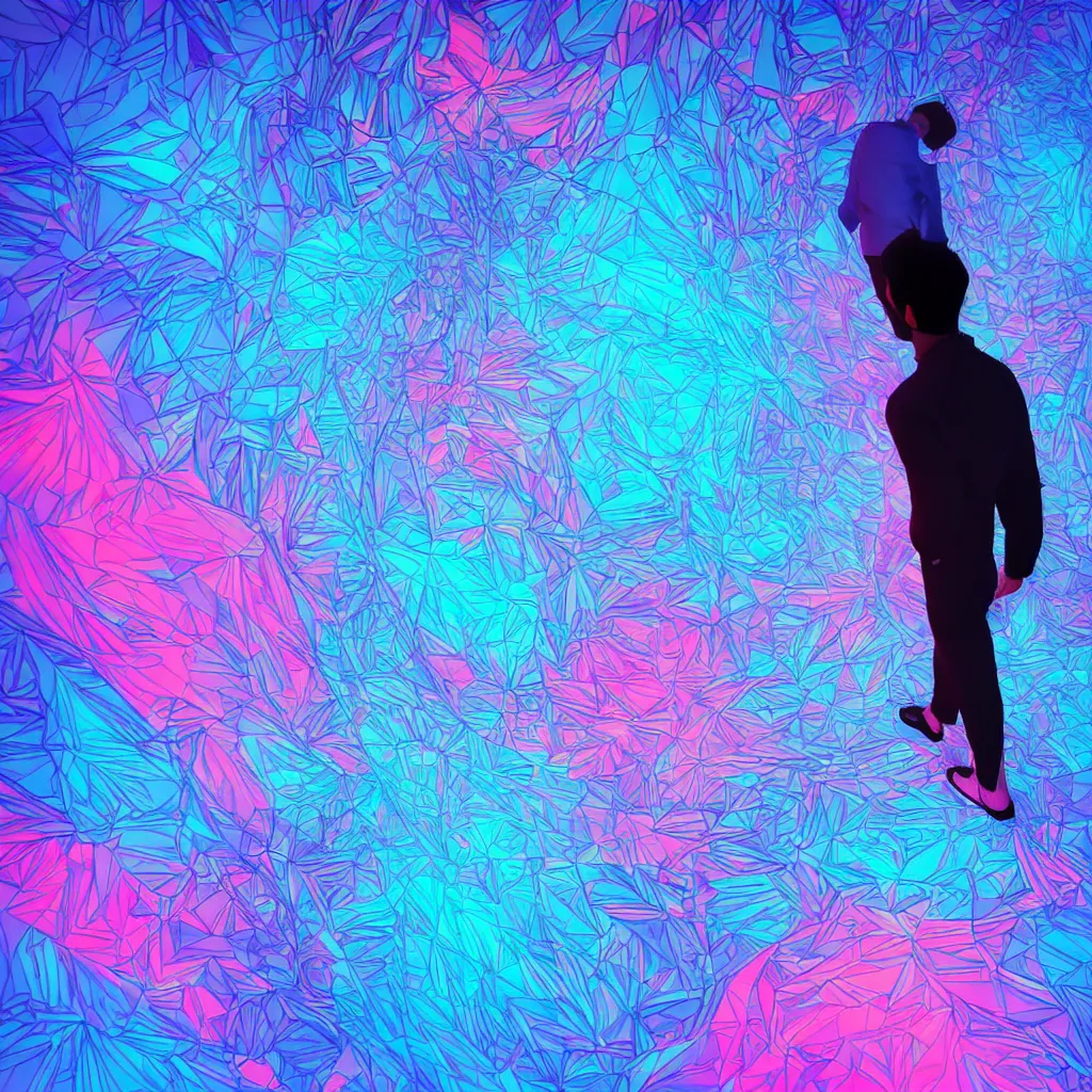 Image similar to Trippy perspective of a man walking. Bottom-up view. Beautiful blue and pink lighting. Highly detailed digitial art. Trending on Behance.