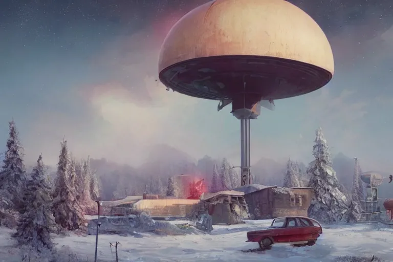 Image similar to a beautiful matte painting of a alien spaceship over the soviet, russian village, communist, simon stalenhag and alan bean, trending on artstation, realistic rendering