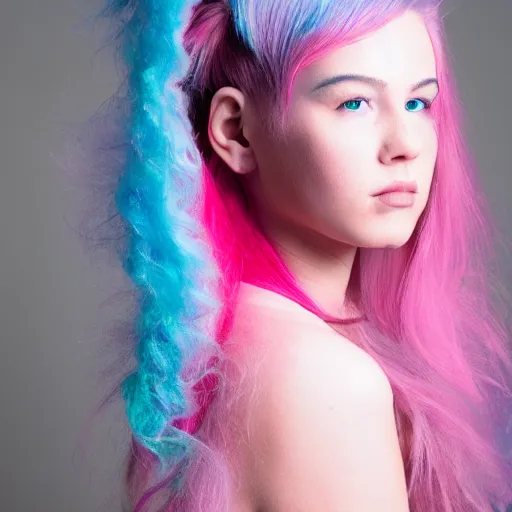 Image similar to a dramatic portrait photo of a beautiful young woman with cotton candy hair. with a little bit of cyan and pink