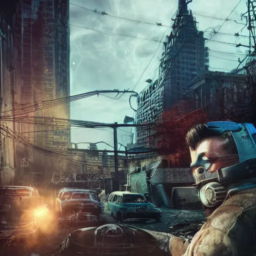 Image similar to fallout 5, charismatic david bowie, portrait, outdoors ruined cityscape, atmospheric lighting, painted, intricate, volumetric lighting, beautiful, daytime, sunny weather, slight overcast, sharp focus, deep colours, ultra detailed, by leesha hannigan, ross tran, thierry doizon, kai carpenter, ignacio fernandez rios