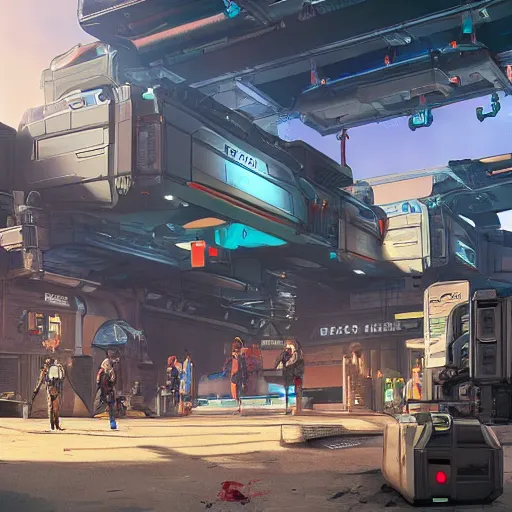 Image similar to sci fi container from apex legends in a pleasant urban setting surrounded by families, art station, ultra hd, soft light, overhead sun, ultra hd, art station