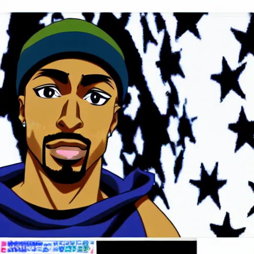 Image similar to Tupac Shakur, screenshot from a 2012s anime