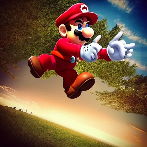 Prompt: “Photo of a man dressed like Mario jumping off of a midair dinosaur to reach a high platform. 4k”