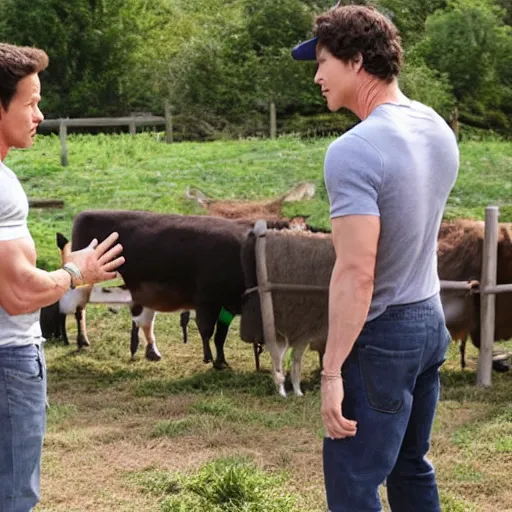 Image similar to mark wahlberg and andy samberg talking to farm animals