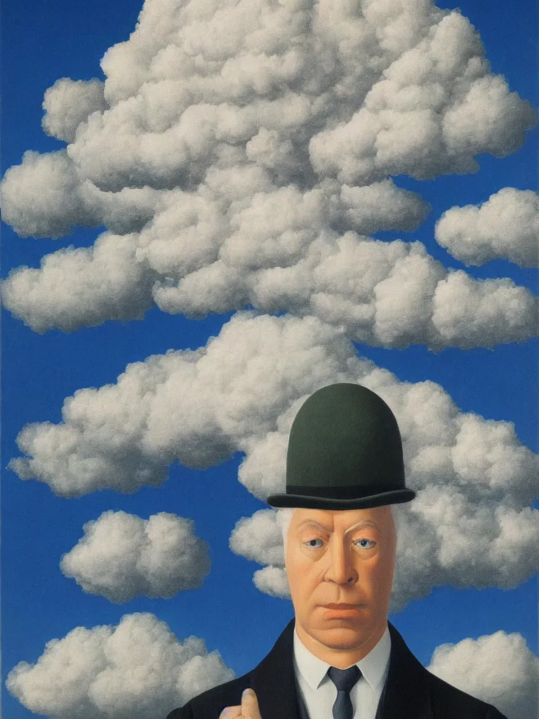 Image similar to portrait of cloud man by rene magritte, detailed painting, hd, hq, high resolution, high detail, 4 k, 8 k