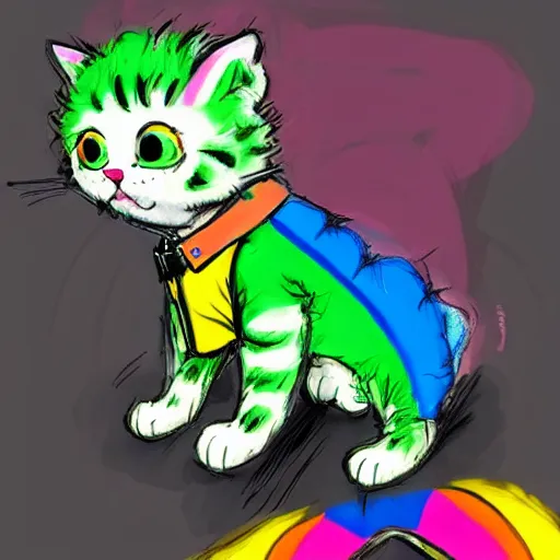 Image similar to wide angle full body, jacket wearing fluffy cute rainbow kitten wearing a black leather motorcycle jacket, concept art