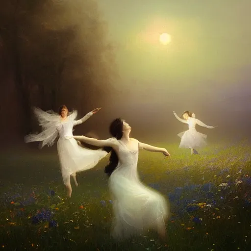 Image similar to the moonlit dance of the fae, dancers in white dancing across a flower meadow the moonlit dance by elena vizerskaya and ivan aivazovsky, perfectly detailed, artstation, sharp focus, highly detailed, studio photography, atmospheric, trending on artstation, surrealist, volumetric lighting