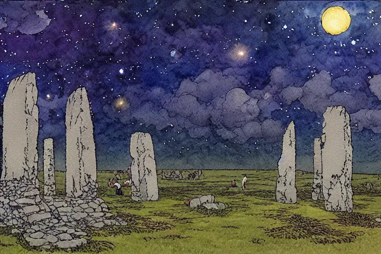 Image similar to hyperrealist studio ghibli watercolor fantasy concept art of a 1 0 0 ft. giant sitting on stonehenge. it is a misty starry night. by rebecca guay, michael kaluta, charles vess