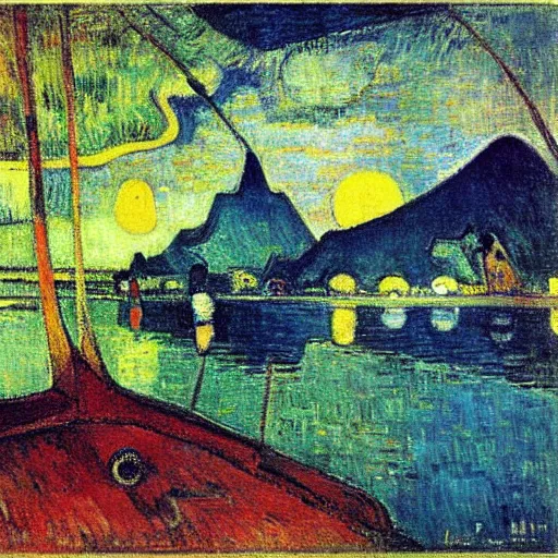 Image similar to view of tahiti at Night by gauguin, by piet mondrian