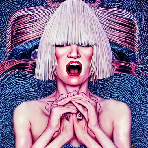 Image similar to portrait of crazy screaming beautiful singer sia kate isobelle furler, big ribbon, ymmetrical, by yoichi hatakenaka, masamune shirow, josan gonzales and dan mumford, ayami kojima, takato yamamoto, barclay shaw, karol bak, yukito kishiro