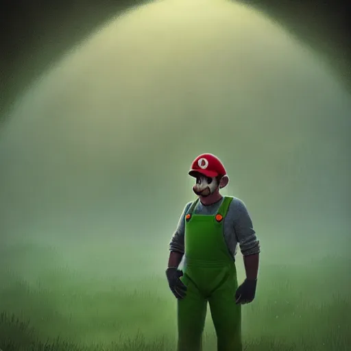 Prompt: professional fantasy art of new mario brother in green overalls, long thin drooping mustache, sad face, looking at viewer with sad face expression, professional art, horror art, matte painting, zdislaw beksinski, volumetric lighting, unreal engine 5, very detailed art