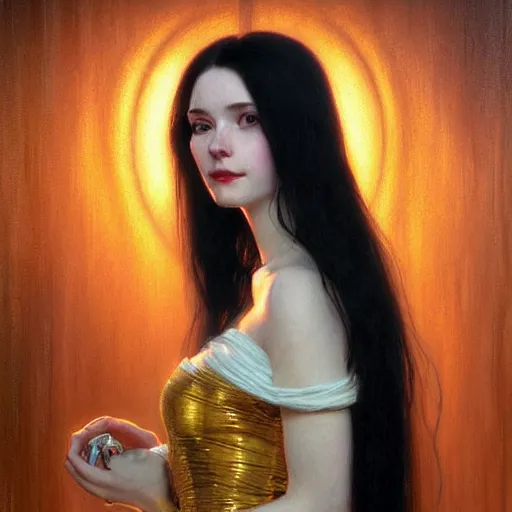 Image similar to portrait of a smiling, beautiful, pale skin female with long black hair, dark brown eyes, elegant clothing, photorealistic, highly detailed, artstation, smooth, sharp focus, neon lighting, sci - fi, art by gustav klimt, artgerm, greg rutkowski and alphonse mucha