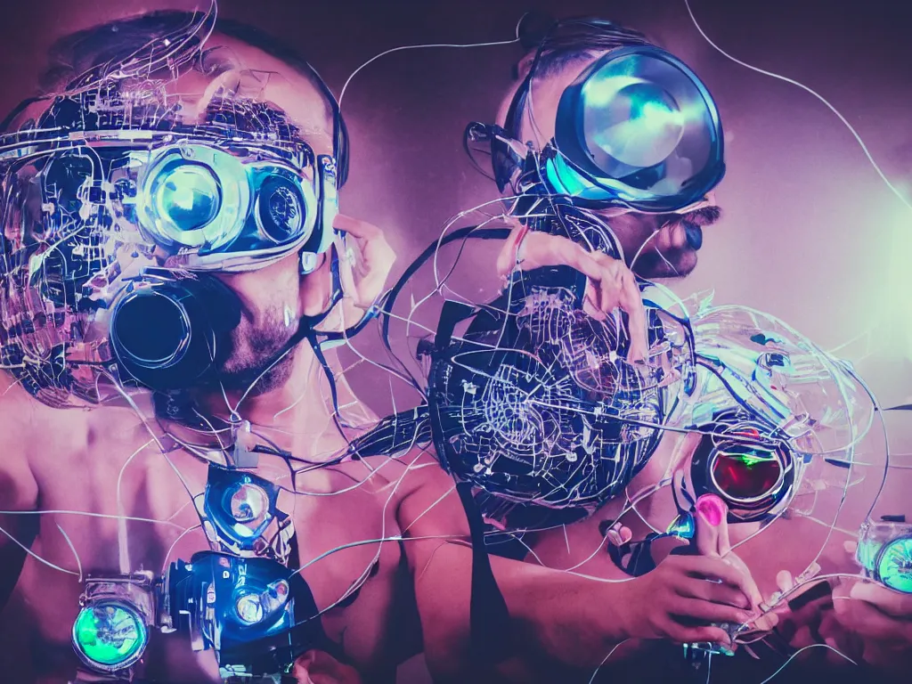 Image similar to a person wearing goggles and visor and headphones using a retro record player contraption, wires and tubes, turntablism dj scratching, intricate planetary gears, cinematic, imax, sharp focus, leds, bokeh, iridescent, black light, fog machine, hazy, lasers, hyper color digital art