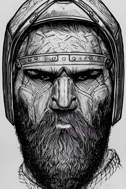 Prompt: detailed inktober drawing a head of a beared viking wearing helmet, white background, front face symmetrical, trending on artstation by tim bradstreet