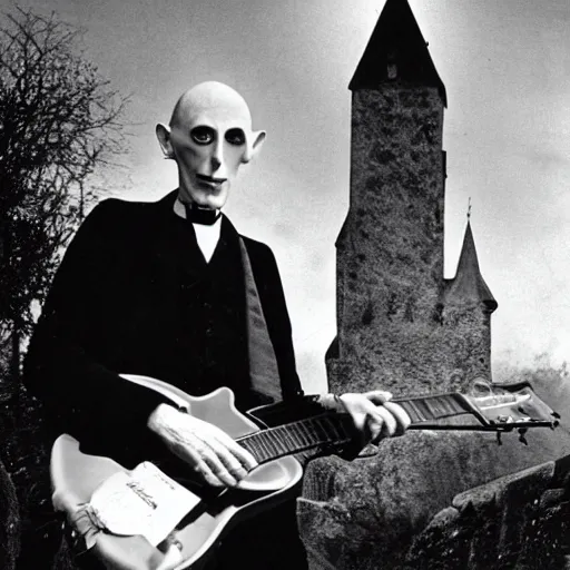 Image similar to vintage photograph of count orlok outside his castle, playing the blues on guitar, castle in the background, 4 k