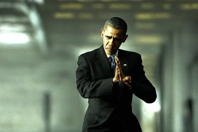 Image similar to a film still of Barack Obama in The Matrix (1999), dramatic lighting