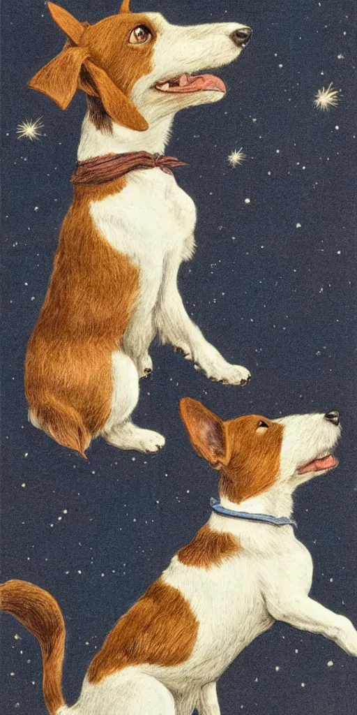 Prompt: candid portrait of jack russel dog howling sad, night sky, highly detailed, side view, illustrated by peggy fortnum and beatrix potter and sir john tenniel