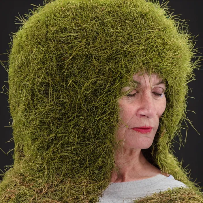 Prompt: a woman wearing a cloak made of grass, in a planet fitness, color photograph, by vincent desiderio, canon eos c 3 0 0, ƒ 1. 8, 3 5 mm, 8 k, medium - format print