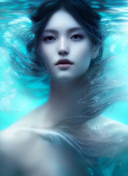 Image similar to an underwater photographic beauty portrait, cinematic, volumetric lighting, fantasy, intricate, elegant, highly detailed, digital painting, artstation, concept art, smooth, sharp focus, illustration, art by jingna zhang, ayami kojima, artgerm